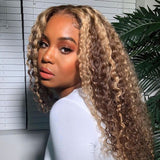 Highlight Ombre Blonde Curly Wave Human Hair 13*4 Lace Front Wigs 180% Density