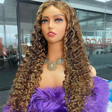 Highlight Ombre Blonde Curly Wave Human Hair 13*4 Lace Front Wigs 180% Density