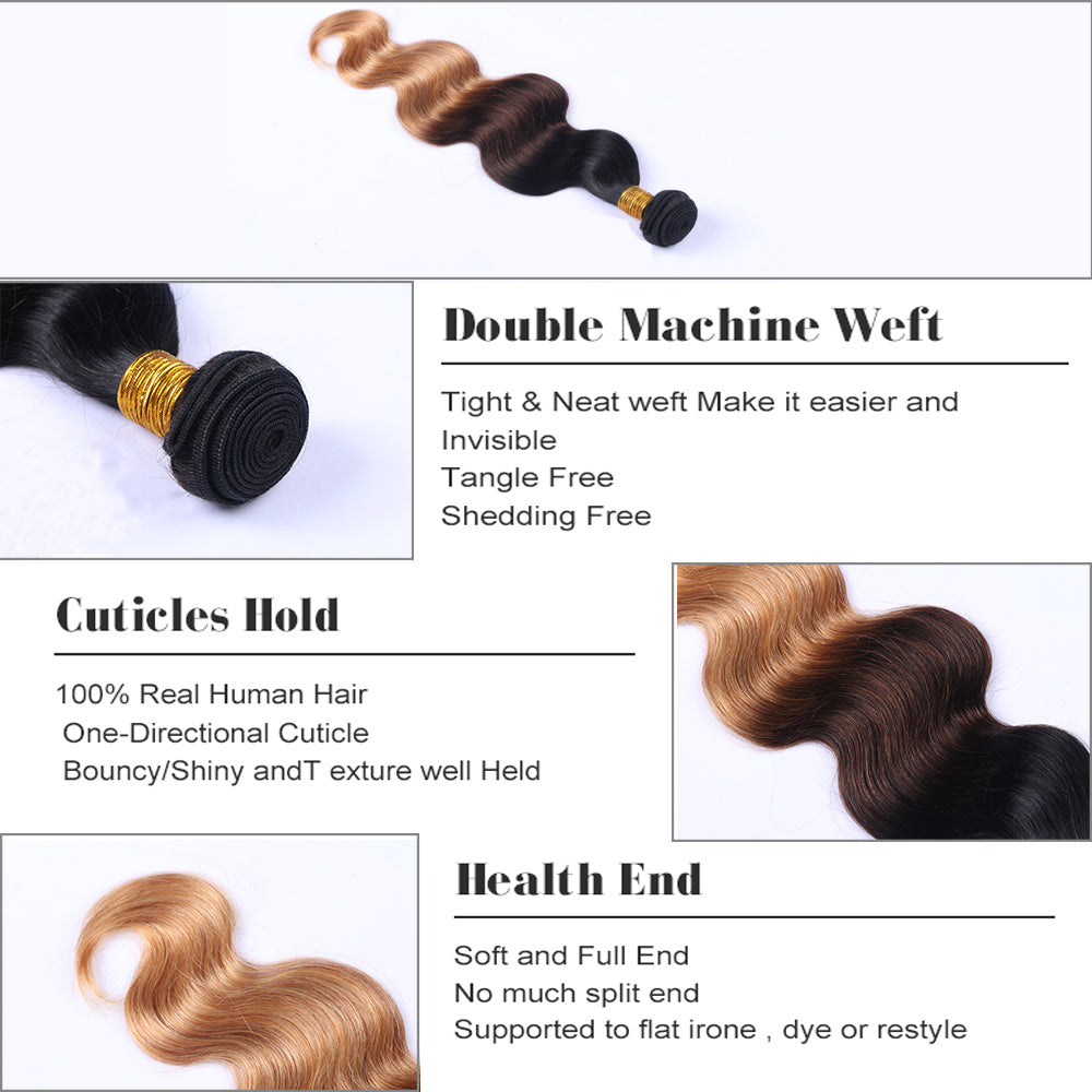 Ombre Brazilian Human Hair 100% Unprocessed Virgin Remy Hair Bundles 3 Tone Black to Blonde Human Hair Weave