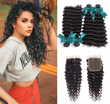Brazilian Mink Hair Deep Wave Hair 4 Bundles with 4*4 Lace Closure