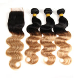 Royal Impression Body Wave Weave 1B/27 Honey Blonde Ombre Hair 3pcs With Lace Closure