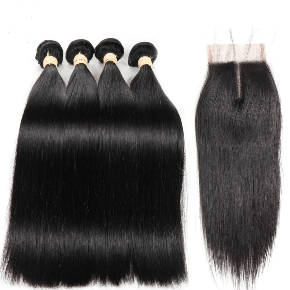 Indian Straight Human Hair 4 Bundles with Lace Closure